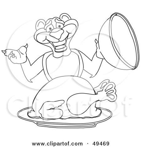 Royalty-Free (RF) Clipart Illustration of an Outline Of A Panther Character Mascot Serving a Turkey by Mascot Junction