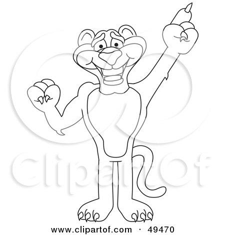 Royalty-Free (RF) Clipart Illustration of an Outline Of A Panther Character Mascot Pointing Up by Mascot Junction
