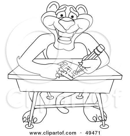 Royalty-Free (RF) Clipart Illustration of an Outline Of A Panther Character Mascot Taking a Quiz by Mascot Junction