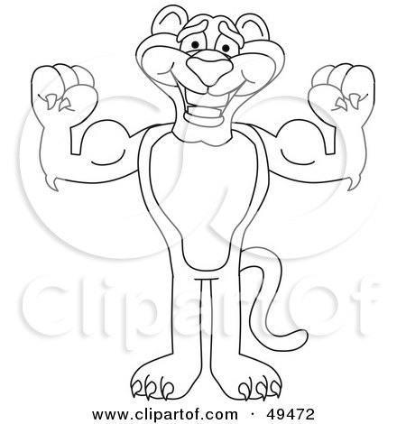 Royalty-Free (RF) Clipart Illustration of an Outline Of A Panther Character Mascot Flexing by Mascot Junction