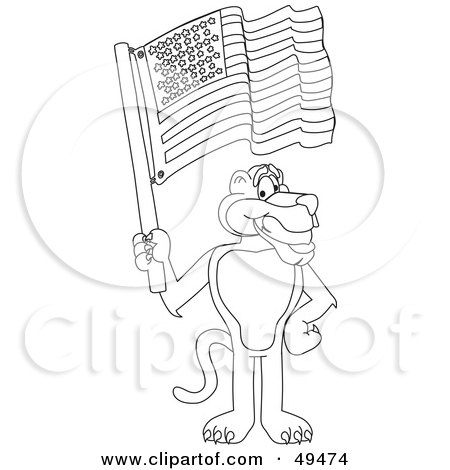 Royalty-Free (RF) Clipart Illustration of an Outline Of A Panther Character Mascot Waving an American Flag by Mascot Junction