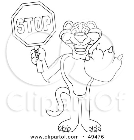 Royalty-Free (RF) Clipart Illustration of an Outline Of A Panther Character Mascot Holding a Stop Sign by Mascot Junction