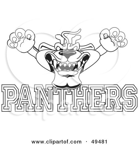 Royalty-Free (RF) Clipart Illustration of an Outline Of A Panther Character Mascot With PANTHERS Text by Mascot Junction
