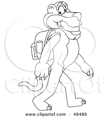 Royalty-Free (RF) Clipart Illustration of an Outline Of A Panther Character Mascot Walking to School by Mascot Junction