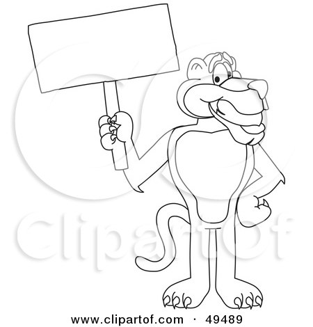 Royalty-Free (RF) Clipart Illustration of an Outline Of A Panther Character Mascot Holding a Blank Sign by Mascot Junction