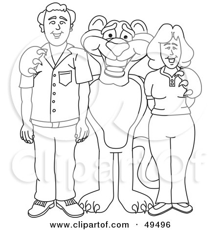 Royalty-Free (RF) Clipart Illustration of an Outline Of A Panther Character Mascot With Adults by Mascot Junction
