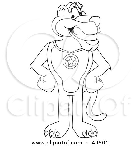 Royalty-Free (RF) Clipart Illustration of an Outline Of A Panther Character Mascot Wearing a Medal by Mascot Junction
