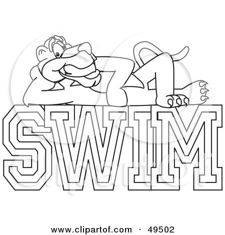 Royalty-Free (RF) Clipart Illustration of an Outline Of A Panther Character Mascot on Swim Text by Mascot Junction