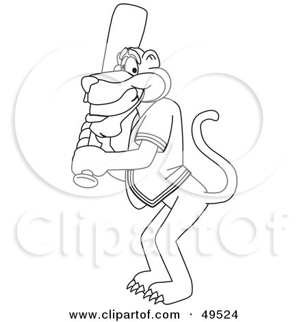 Royalty-Free (RF) Clipart Illustration of an Outline Of A Panther Character Mascot Playing Baseball by Mascot Junction
