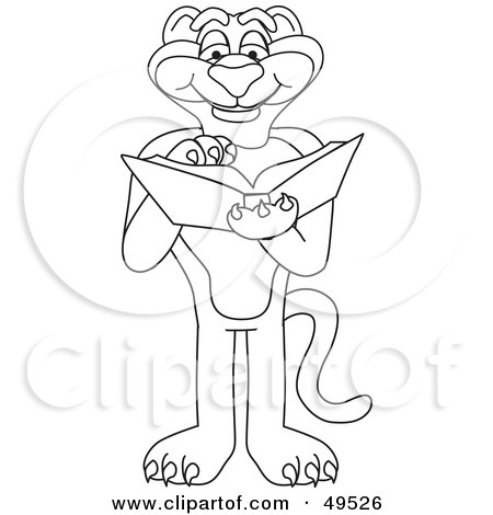 Royalty-Free (RF) Clipart Illustration of an Outline Of A Panther Character Mascot Reading by Mascot Junction