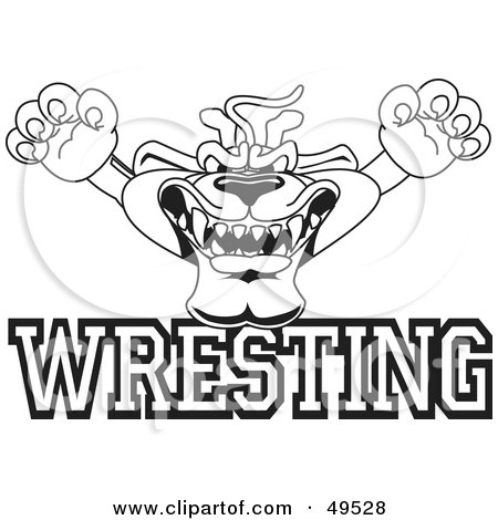 Royalty-Free (RF) Clipart Illustration of an Outline Of A Panther Character Mascot With Wrestling Text by Mascot Junction