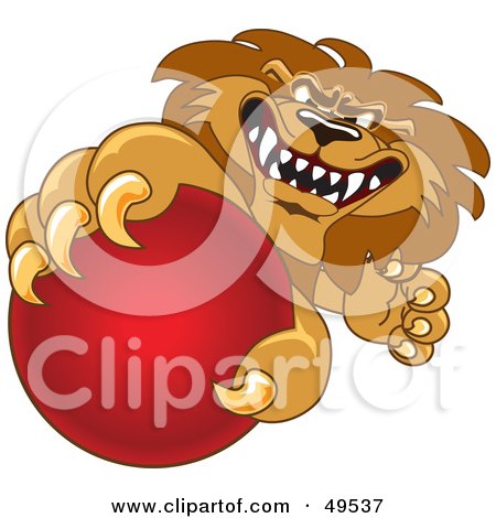 Royalty-Free (RF) Clipart Illustration of a Lion Character Mascot Grabbing a Red Ball by Mascot Junction