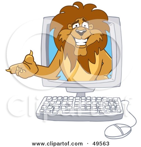 Royalty-Free (RF) Clipart Illustration of a Lion Character Mascot in a Computer by Mascot Junction