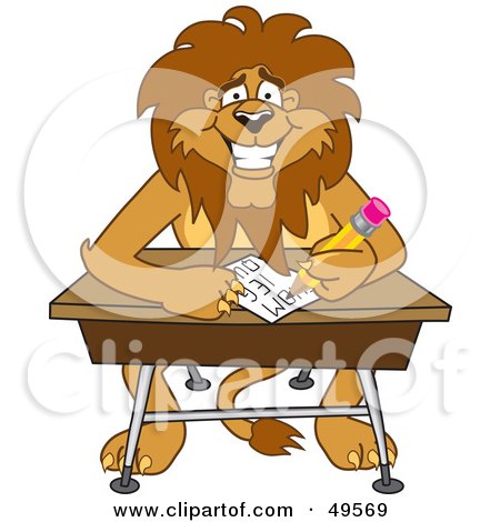 Royalty-Free (RF) Clipart Illustration of a Lion Character Mascot Taking a Quiz by Mascot Junction