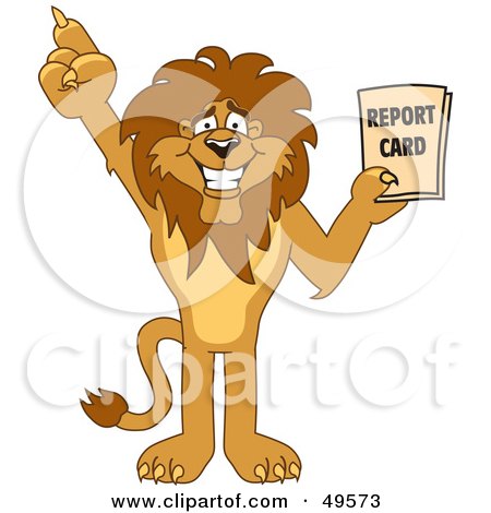 Royalty-Free (RF) Clipart Illustration of a Lion Character Mascot Holding a Report Card by Mascot Junction