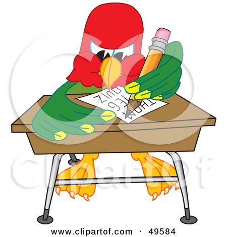 Royalty-Free (RF) Clipart Illustration of a Macaw Parrot Character Mascot Taking a Quiz by Mascot Junction