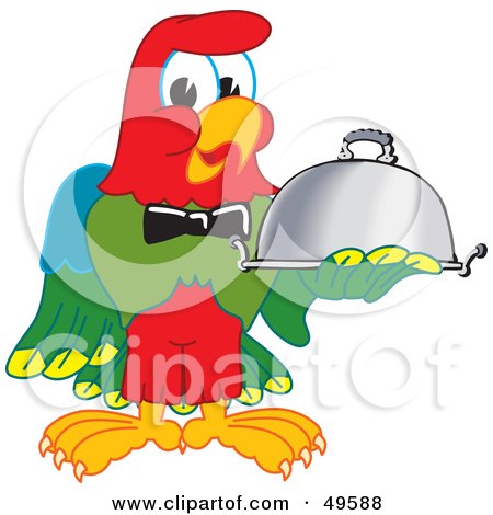 Royalty-Free (RF) Clipart Illustration of a Macaw Parrot Character Mascot Serving a Platter by Mascot Junction