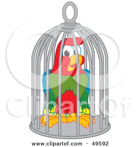 Royalty-Free (RF) Clipart Illustration of a Macaw Parrot Character Mascot in a Cage by Mascot Junction