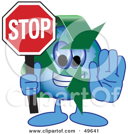 Royalty-Free (RF) Clipart Illustration of a Recycle Character Mascot Holding a Stop Sign by Mascot Junction