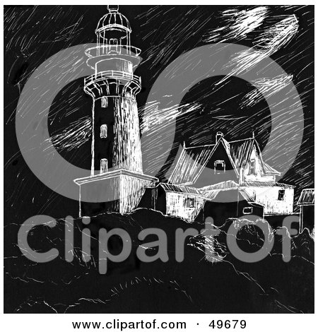 Royalty-Free (RF) Clipart Illustration of a Black and White Sketched Lighthouse by Arena Creative