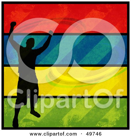 Royalty-Free (RF) Clipart Illustration of a Silhouetted Man Celebrating On A Colorful Grunge Background by Arena Creative