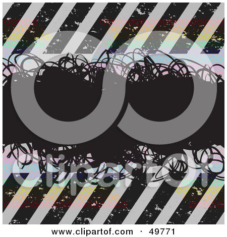 Royalty-Free (RF) Clipart Illustration of a Black Scribble Text Box Over Colorful Circles And Hazard Stripes by Arena Creative