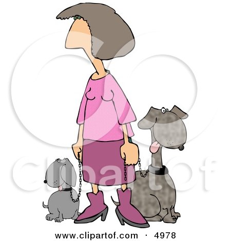Pink Lady Taking Her Two Happy Dogs for a Walk Around the Block Clipart by djart