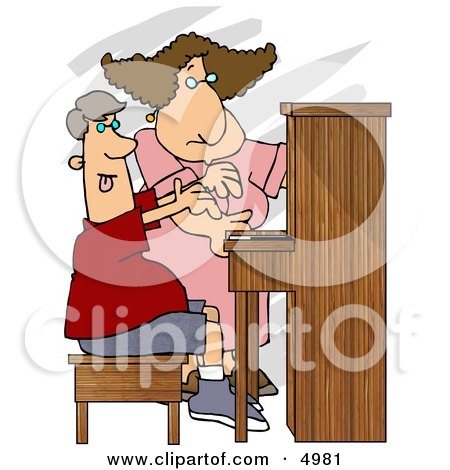 Female Piano Teacher Trying to Teach a Teenage Boy How to Play a Standard Piano Clipart by djart