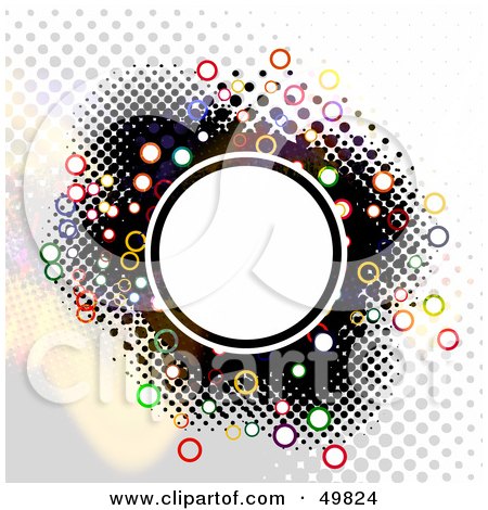 Royalty-Free (RF) Clipart Illustration of a White Circle Text Space With Colorful Rings And A Halftone Background by Arena Creative