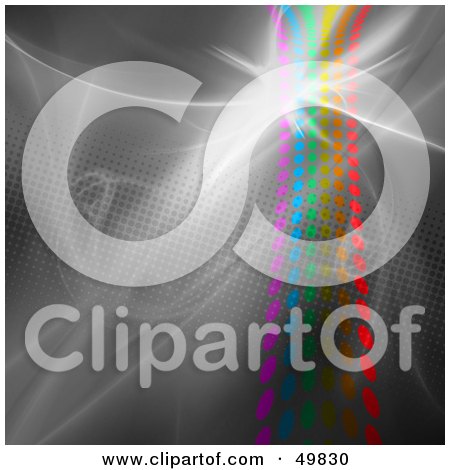 Royalty-Free (RF) Clipart Illustration of a Bright Flare Over A Halftone Rainbow On Gray by Arena Creative