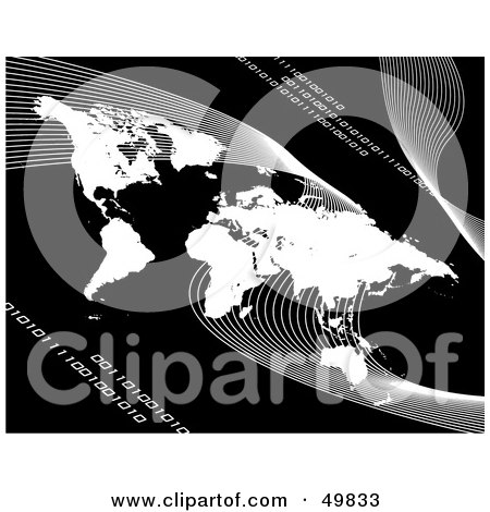 Royalty-Free (RF) Clipart Illustration of a Black And White White World Atlas With Binary Code And Waves by Arena Creative