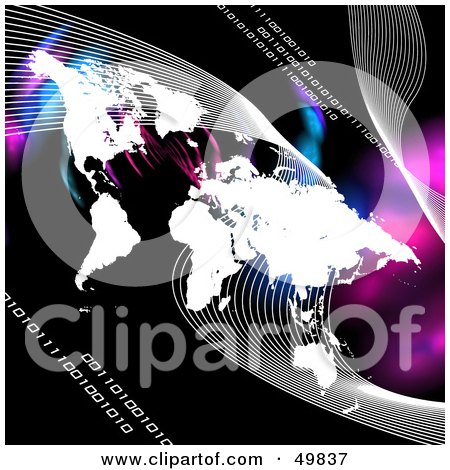 Royalty-Free (RF) Clipart Illustration of a Wold Map With Communication Waves, Binary Code And Colorful Fractals On Black by Arena Creative