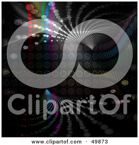 Royalty-Free (RF) Clipart Illustration of a Dark Funky Disco Background With Halftone Circles And Light by Arena Creative