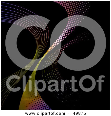 Royalty-Free (RF) Clipart Illustration of a Background Of Colorful Halftone Fractal Swooshes On Black by Arena Creative