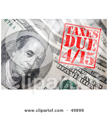 Royalty-Free (RF) Clipart Illustration of a Taxes Due Stamp On A Pile Of Cash by Arena Creative