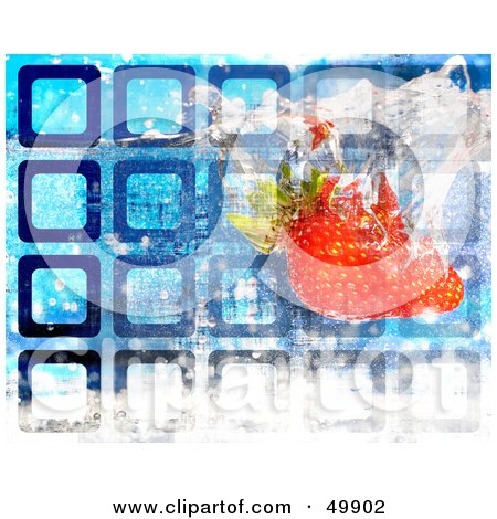 Royalty-Free (RF) Clipart Illustration of a Strawberry Splashing Into Water With Blue Squares by Arena Creative