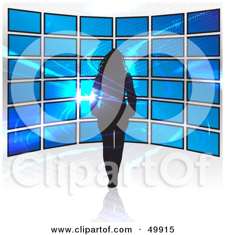 Royalty-Free (RF) Clipart Illustration of a Woman Walking Towards A Television Display Wall In A Store, With A Fractal by Arena Creative