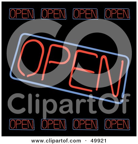 Royalty-Free (RF) Clipart Illustration of Neon Open Signs on Black by Arena Creative