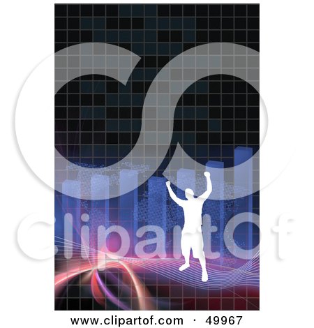 Royalty-Free (RF) Clipart Illustration of a Successful Silhouetted Man On A Fractal Wave With A Bar Graph by Arena Creative
