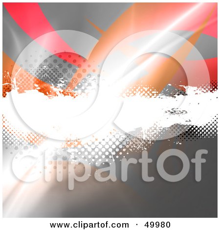 Royalty-Free (RF) Clipart Illustration of a Bright Light Over A Grunge Halftone Bar With Red And Orange Swooshes by Arena Creative