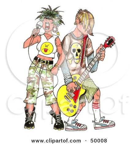 Royalty-Free (RF) Clipart Illustration of a Rocker Chick Singing While A Band Member Plays A Guitar by LoopyLand