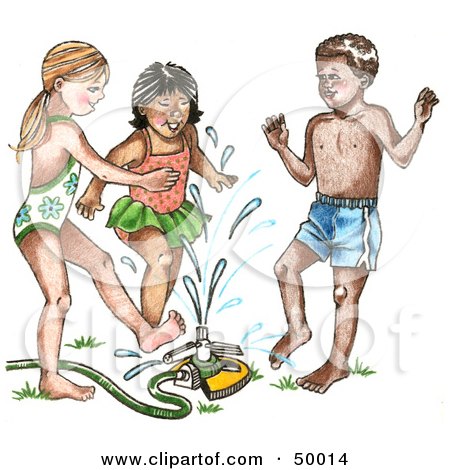 Royalty-Free (RF) Clipart Illustration of a Diverse Group Of Children Playing In A Sprinkler On A Hot Summer Day by LoopyLand