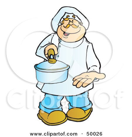 Royalty-Free (RF) Clipart Illustration of a Friendly Male Chef Holding Out a Sauce Pan by Snowy