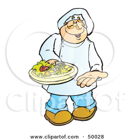 Royalty-Free (RF) Clipart Illustration of a Friendly Male Chef Carrying a Dinner Salad on a Platter by Snowy