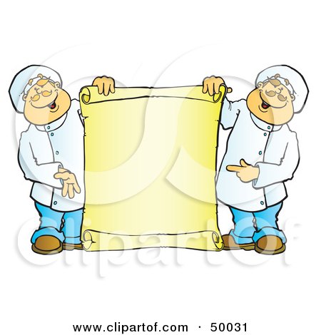 Royalty-Free (RF) Clipart Illustration of Two Male Chefs Holding A Blank Vertical Scroll Sign by Snowy