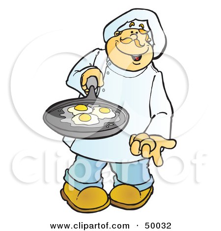 Royalty-Free (RF) Clipart Illustration of a Friendly Male Chef Holding Eggs in a Frying Pan by Snowy
