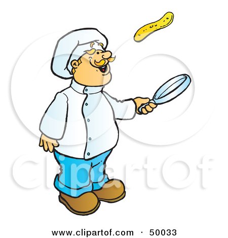 Royalty-Free (RF) Clipart Illustration of a Friendly Male Chef Flipping a Hotcake by Snowy