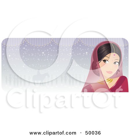 Royalty-Free (RF) Clipart Illustration of a Beautiful Indian Bride In Pink, Glancing Left On A Pastel Purple Background by Melisende Vector