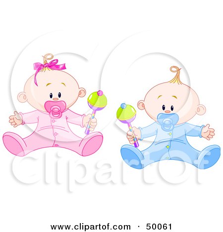 Royalty-Free (RF) Clipart Illustration of a Baby Boy and Girl Playing With Rattles by Pushkin