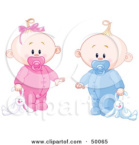 Royalty-Free (RF) Clipart Illustration of a Baby Girl And Boy Dragging A Stuffed Bunny by Pushkin